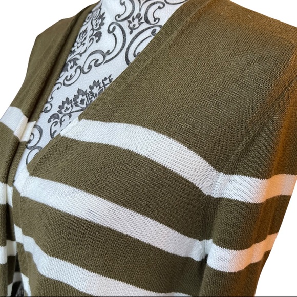 TALBOTS - Long sleeved green and white horizontal striped open sweater cardigan - Picture 3 of 10